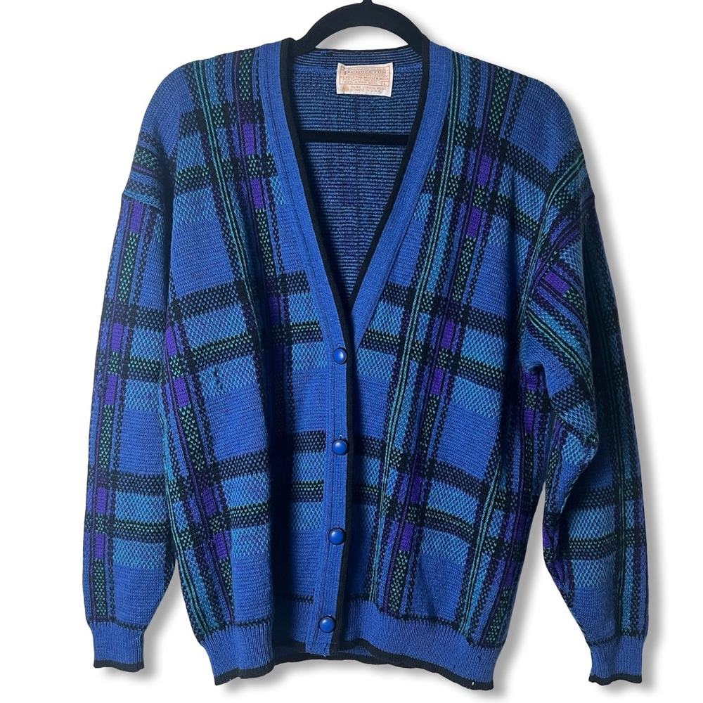 VTG Pendleton Virgin Wool Plaid Cardigan Blue Teal Purple Movie Prop Sz. L